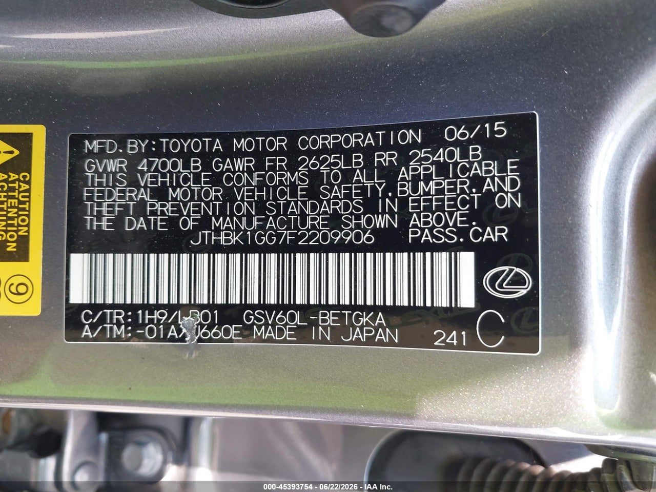 JTHBK1GG7F2****** · 2015 LEXUS ES 350   · 9/11