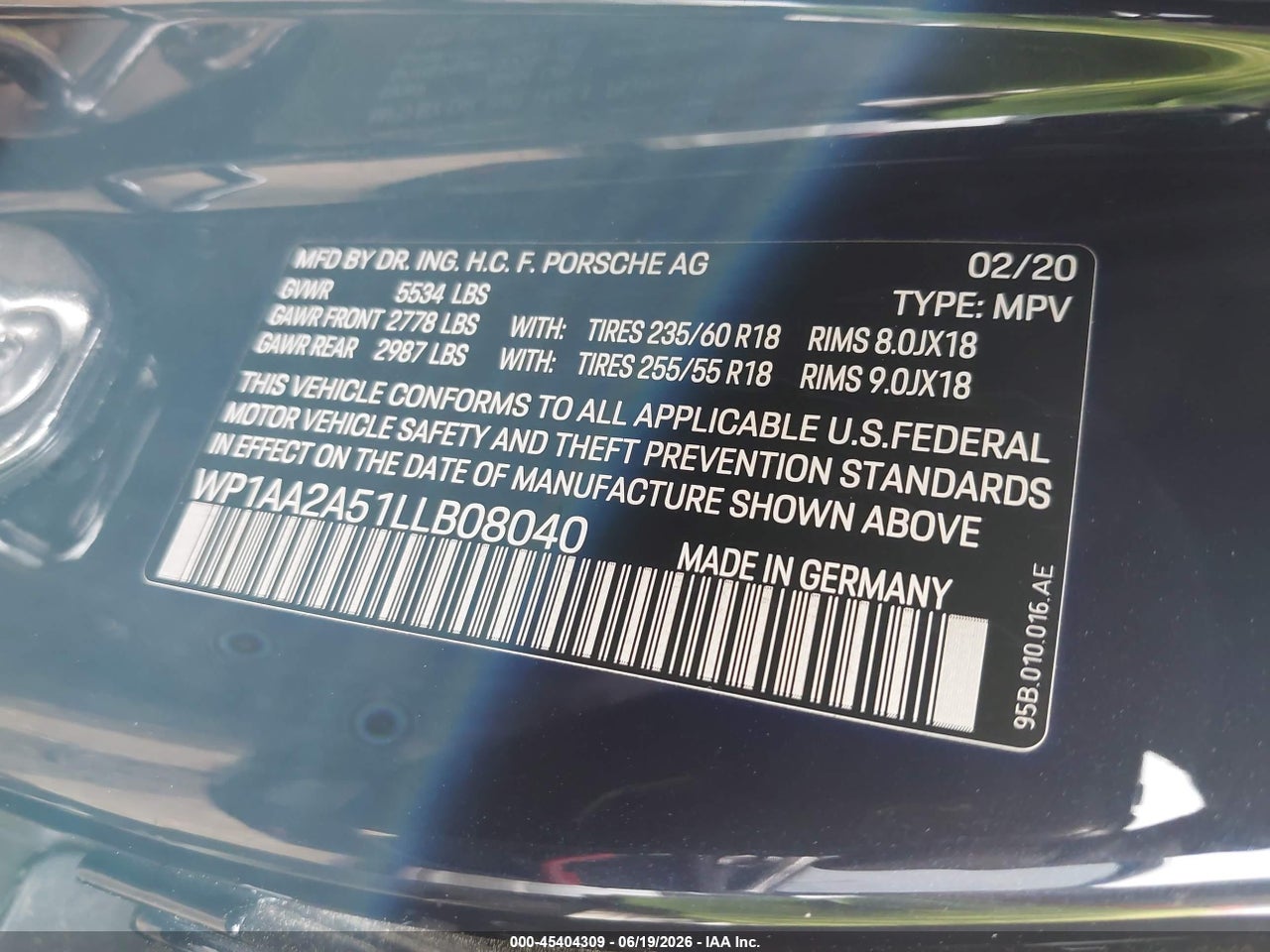 WP1AA2A51LL****** · 2020 PORSCHE MACAN   · 9/11
