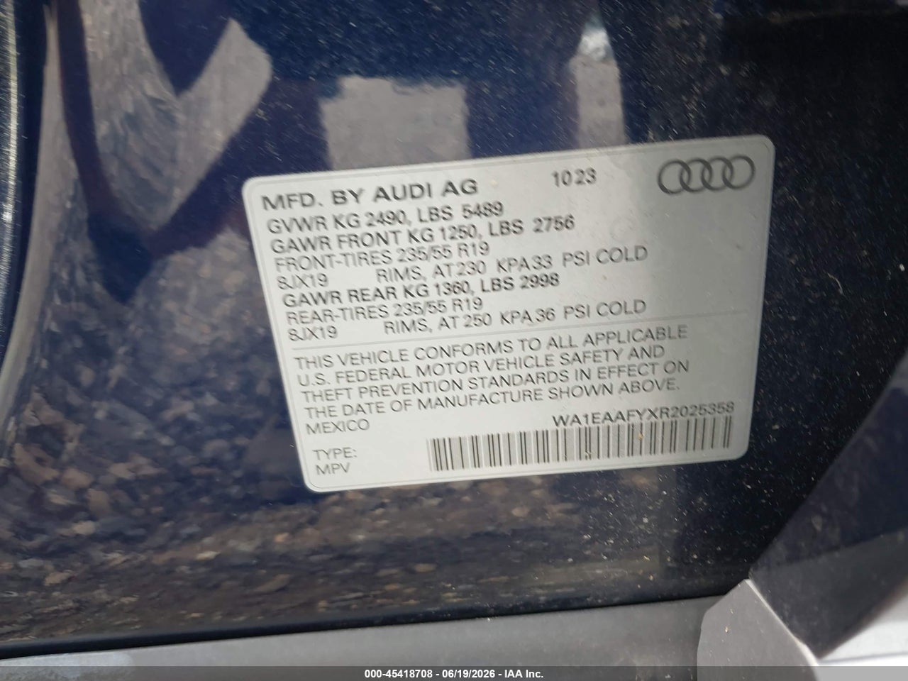 WA1EAAFYXR2****** · 2024 AUDI Q5 PREMIUM PLUS 45 TFSI S LINE QUATTRO · 9/11