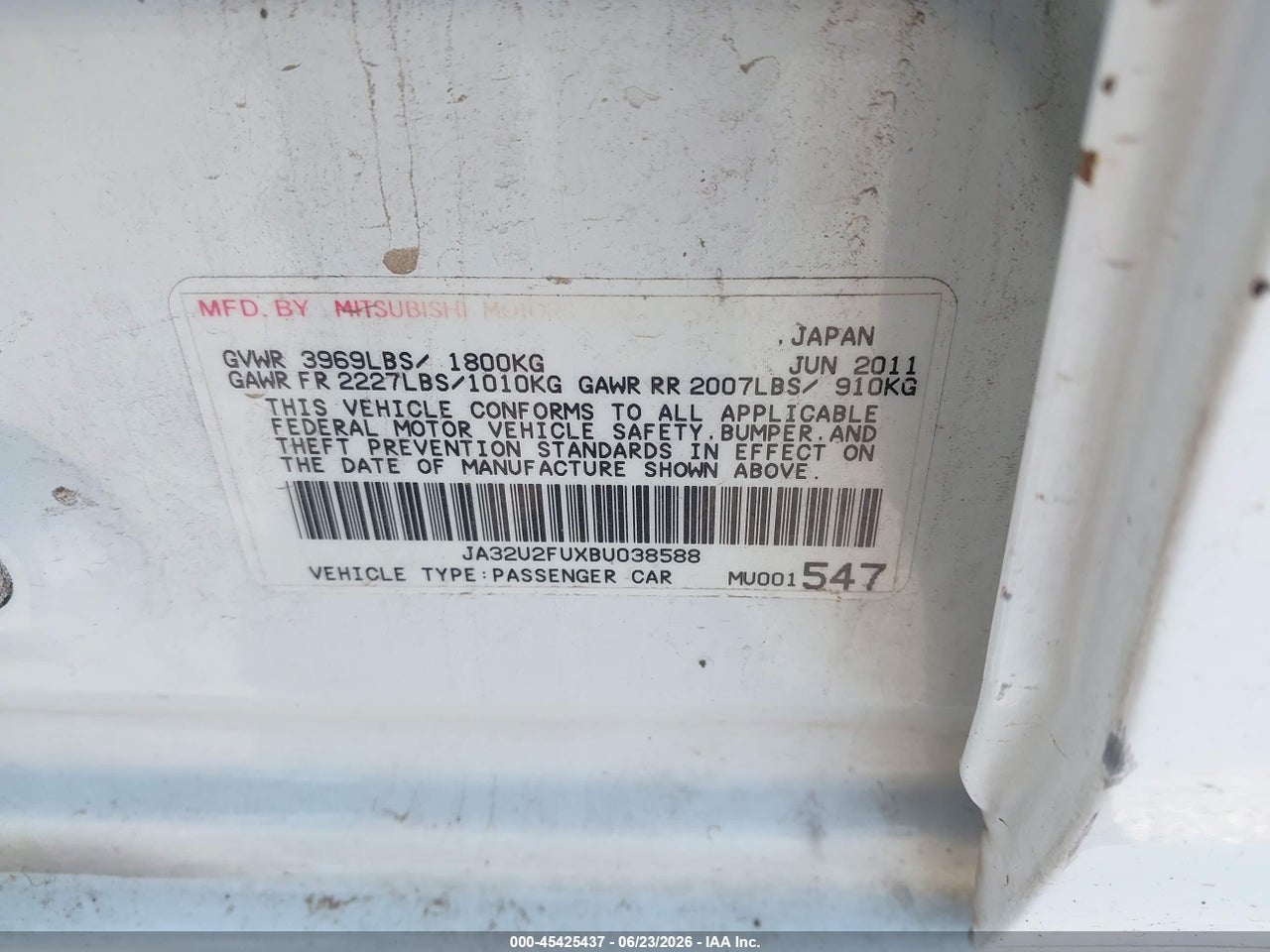 JA32U2FUXBU****** · 2011 MITSUBISHI LANCER ES · 9/11