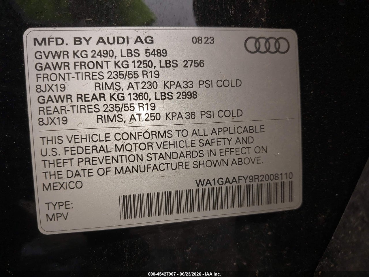 WA1GAAFY9R2****** · 2024 AUDI Q5 PREMIUM 45 TFSI S LINE QUATTRO · 9/11