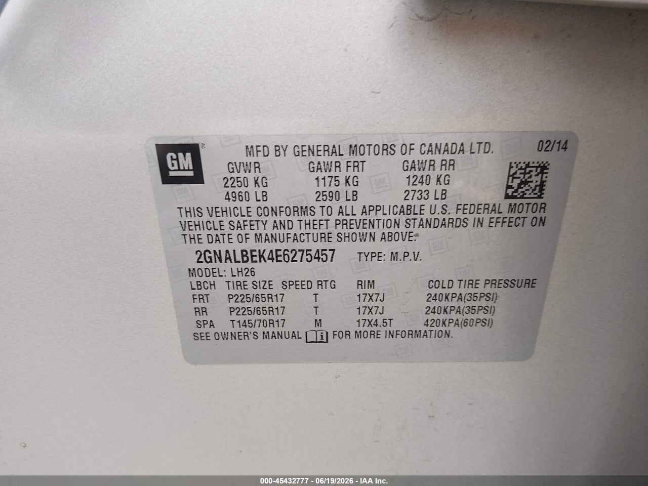 2GNALBEK4E6****** · 2014 CHEVROLET EQUINOX LT · 9/11