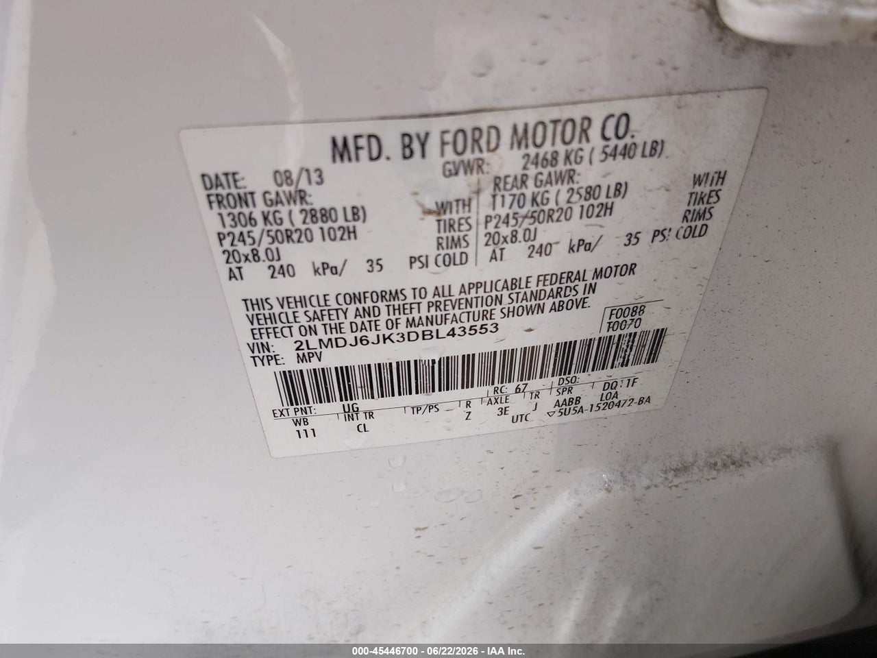 2LMDJ6JK3DB****** · 2013 LINCOLN MKX   · 9/11