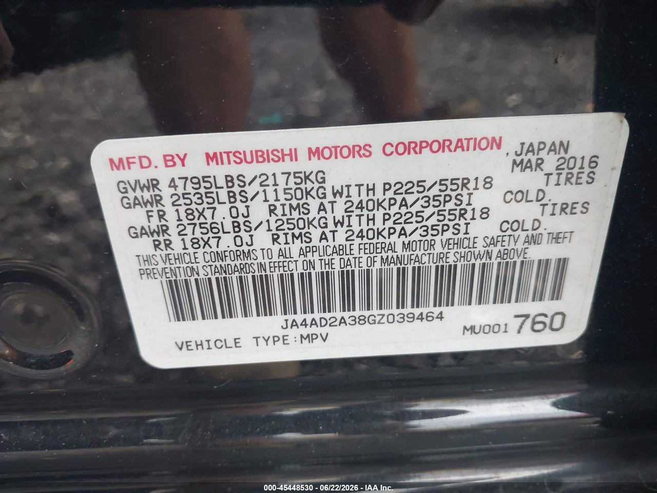 JA4AD2A38GZ****** · 2016 MITSUBISHI OUTLANDER ES · 9/11
