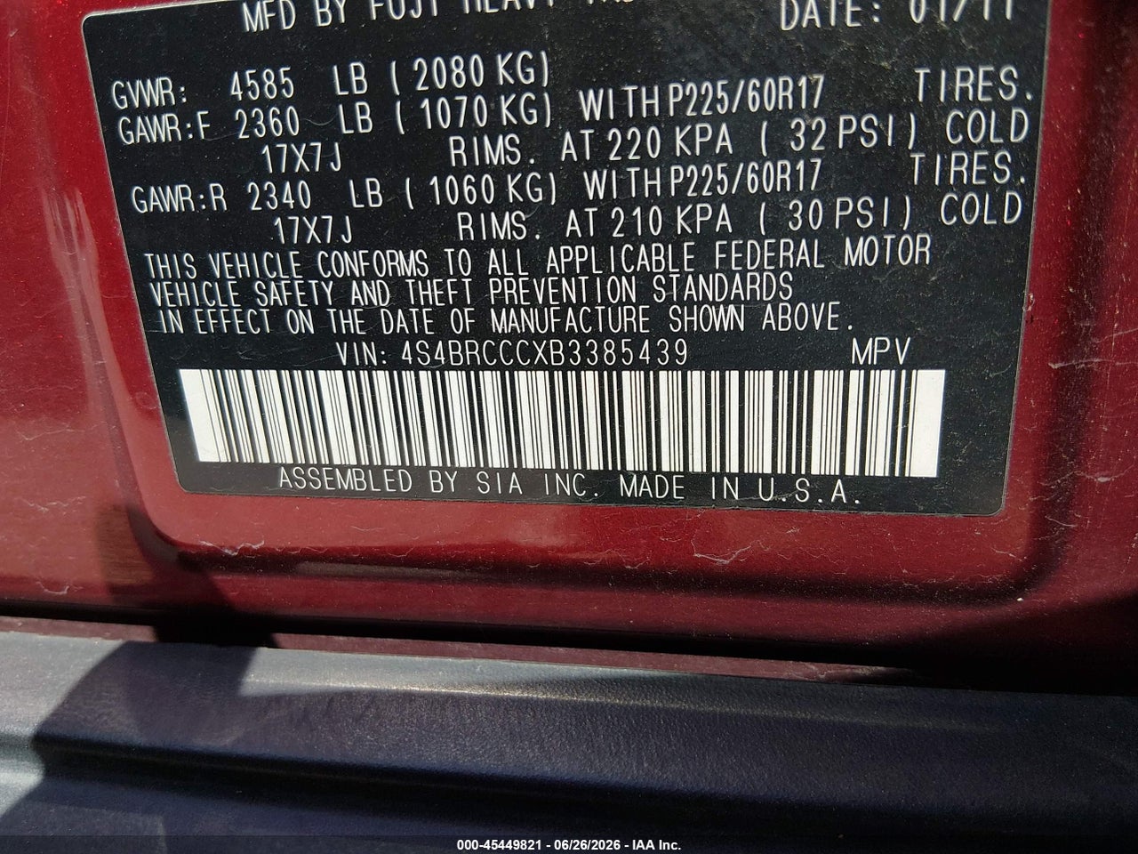 4S4BRCCCXB3****** · 2011 SUBARU OUTBACK 2.5I PREMIUM · 9/11