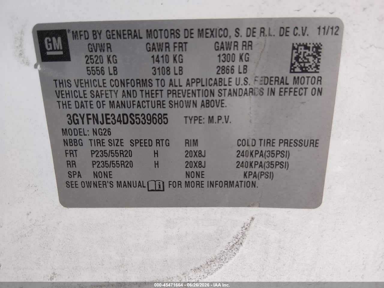 3GYFNJE34DS****** · 2013 CADILLAC SRX PREMIUM COLLECTION · 9/11
