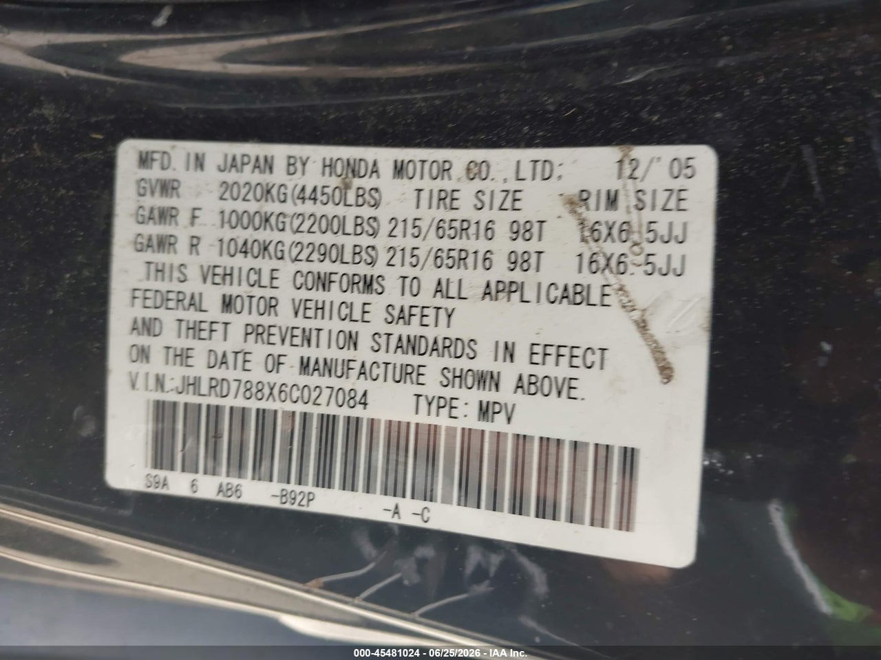 JHLRD788X6C****** · 2006 HONDA CR-V EX · 9/11