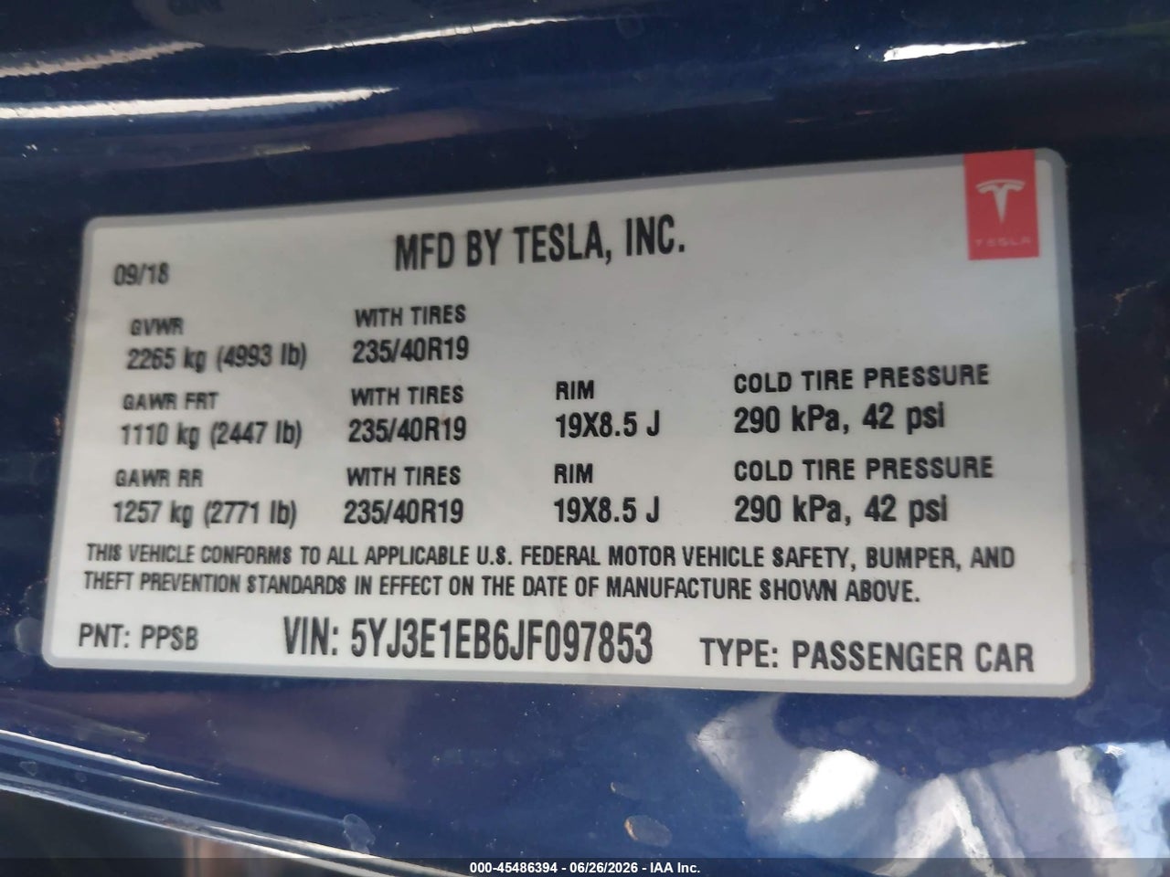 5YJ3E1EB6JF****** · 2018 TESLA MODEL 3 LONG RANGE/PERFORMANCE · 9/11