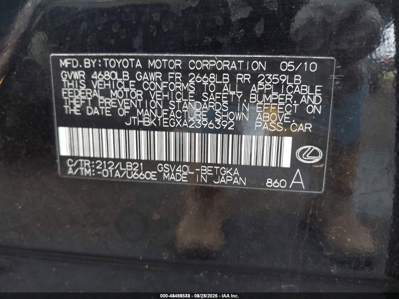 JTHBK1EGXA2****** · 2010 LEXUS ES 350 · 9/10