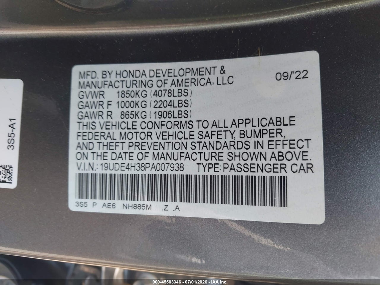 19UDE4H38PA****** · 2023 ACURA INTEGRA A-SPEC · 9/11