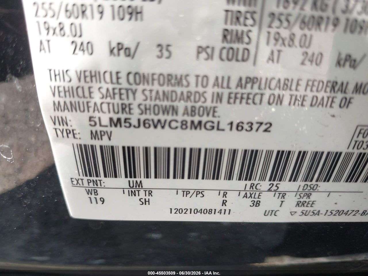 5LM5J6WC8MG****** · 2021 LINCOLN AVIATOR STANDARD · 9/11
