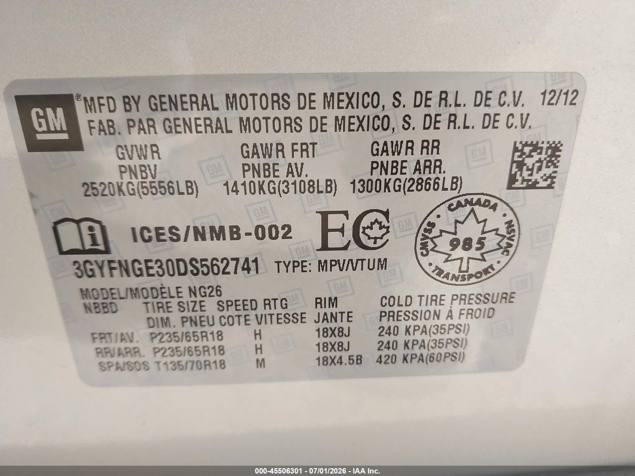 3GYFNGE30DS****** · 2013 CADILLAC SRX LUXURY COLLECTION · 9/11