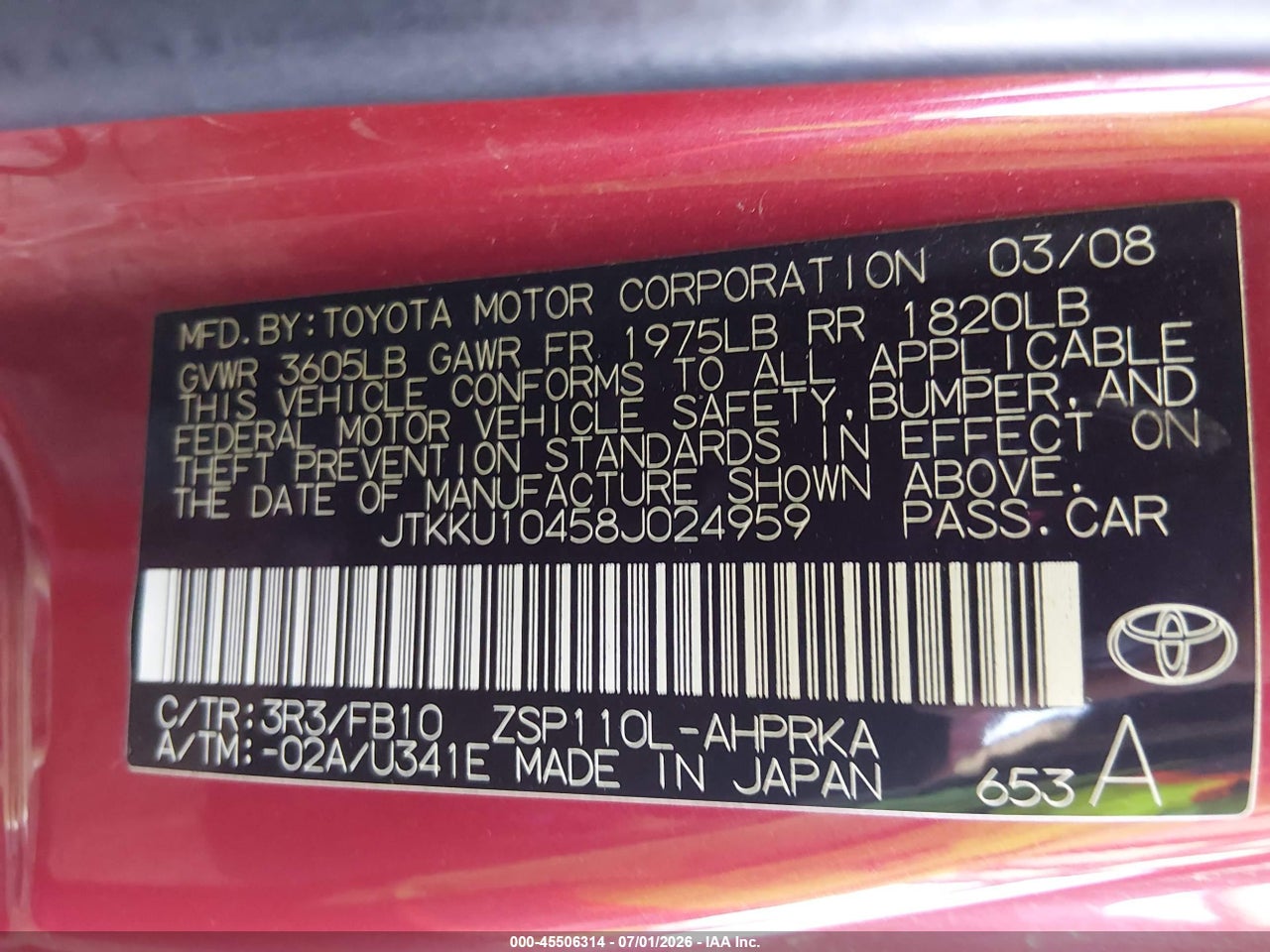 JTKKU10458J****** · 2008 SCION XD   · 9/11