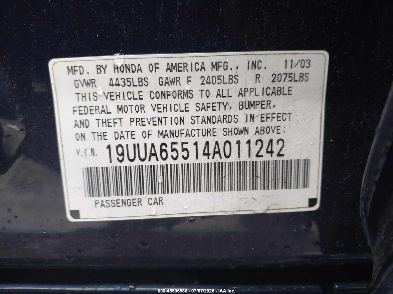 19UUA65514A****** · 2004 ACURA TL   · 9/11