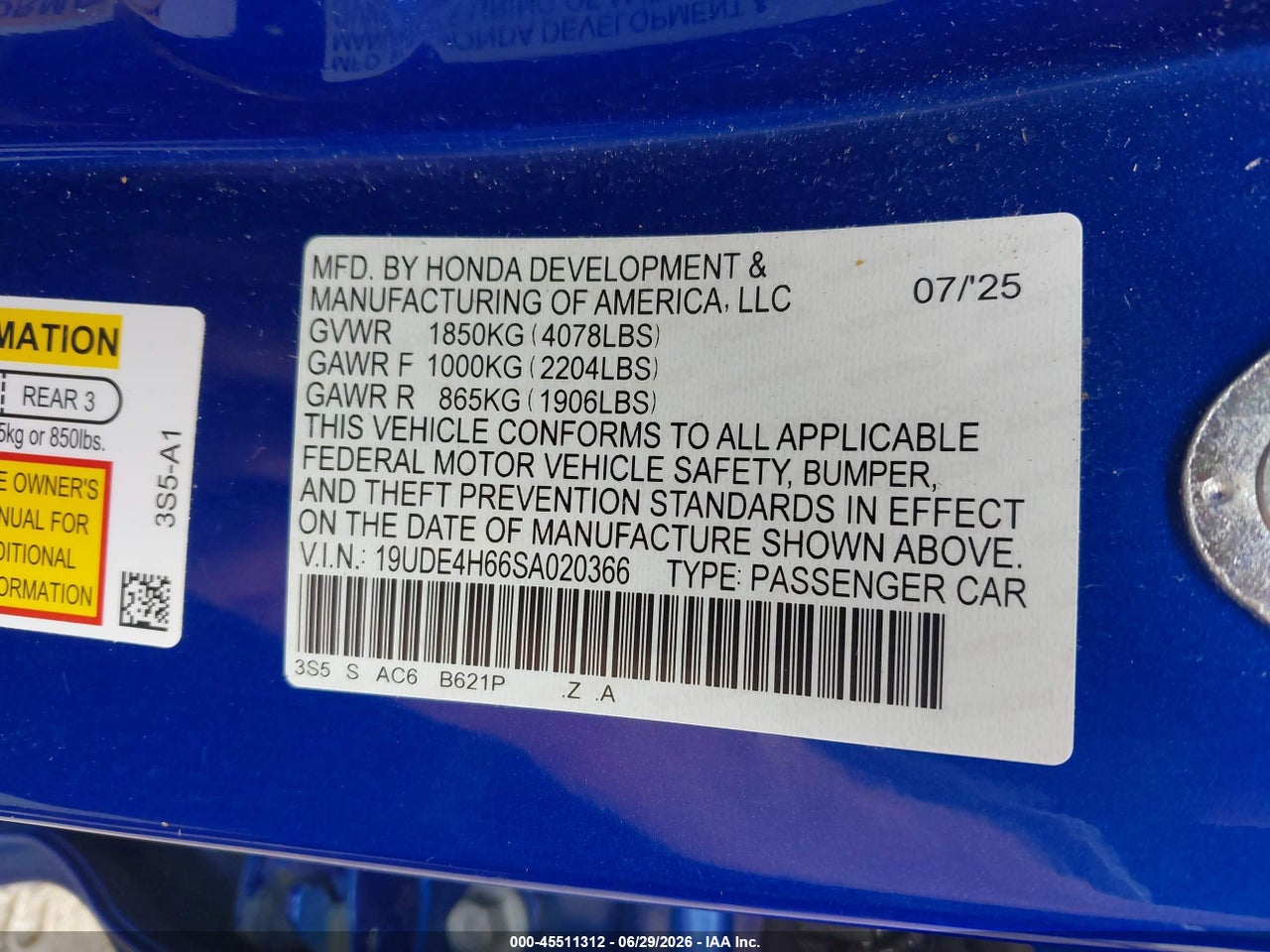 19UDE4H66SA****** · 2025 ACURA INTEGRA A-SPEC TECHNOLOGY · 9/11