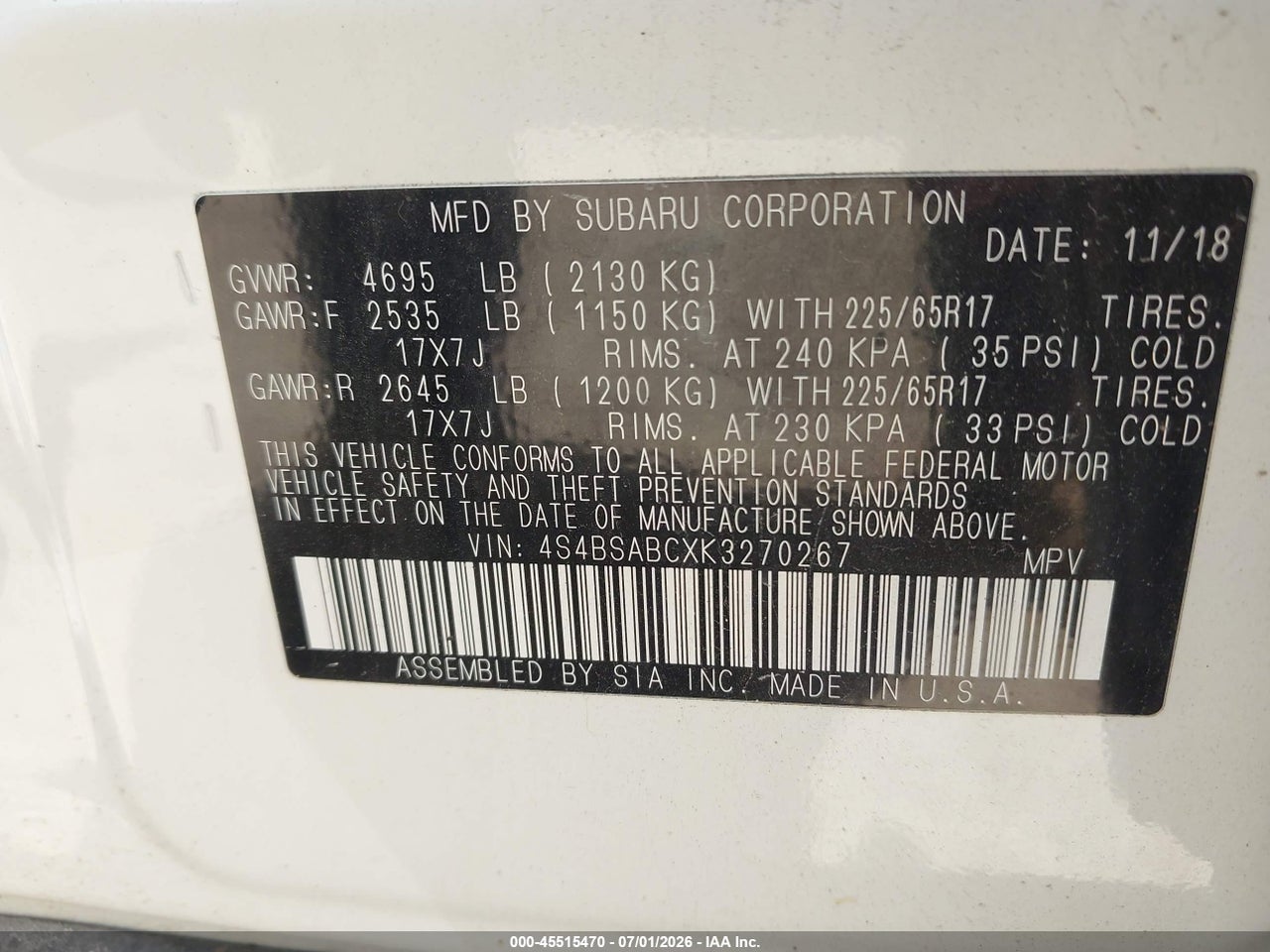 4S4BSABCXK3****** · 2019 SUBARU OUTBACK 2.5I · 9/10