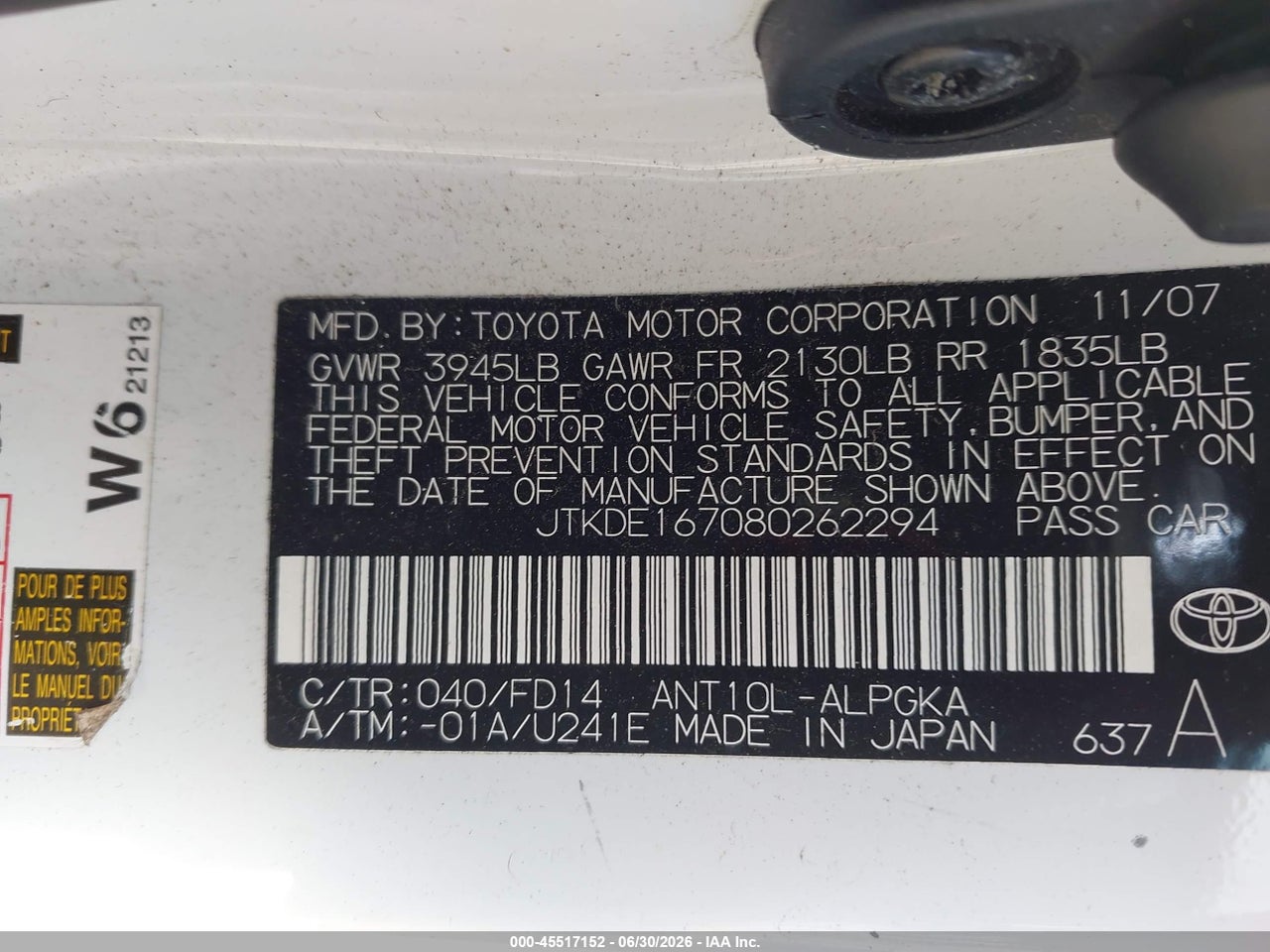 JTKDE167080****** · 2008 SCION TC   · 9/11
