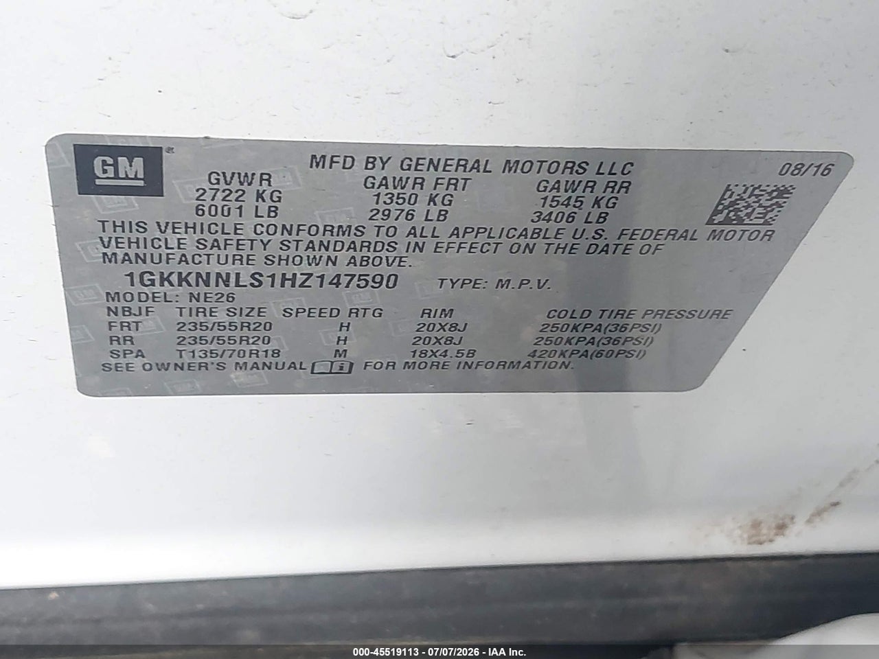 1GKKNNLS1HZ****** · 2017 GMC ACADIA SLT-2 · 9/11
