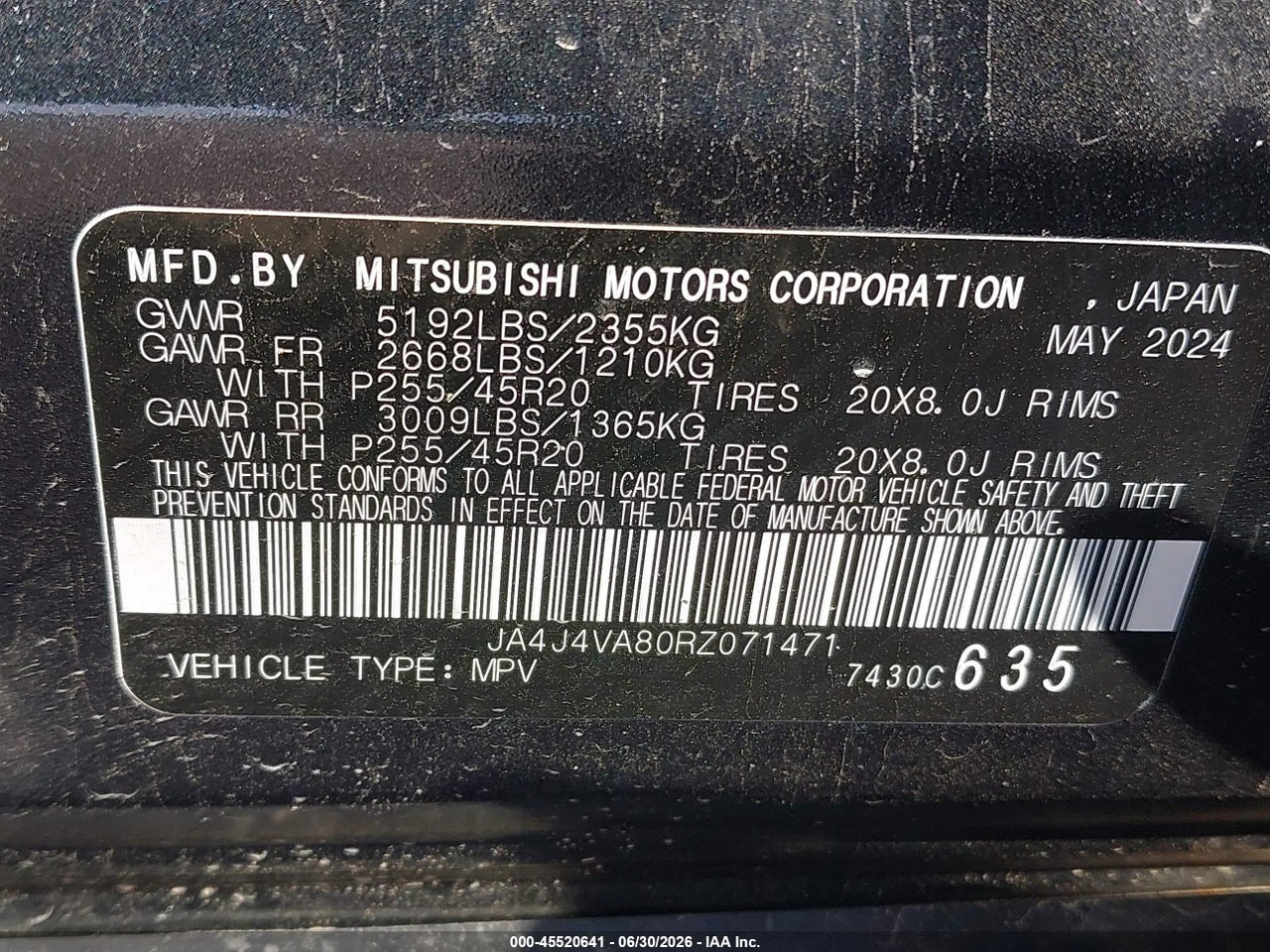 JA4J4VA80RZ****** · 2024 MITSUBISHI OUTLANDER   · 9/11