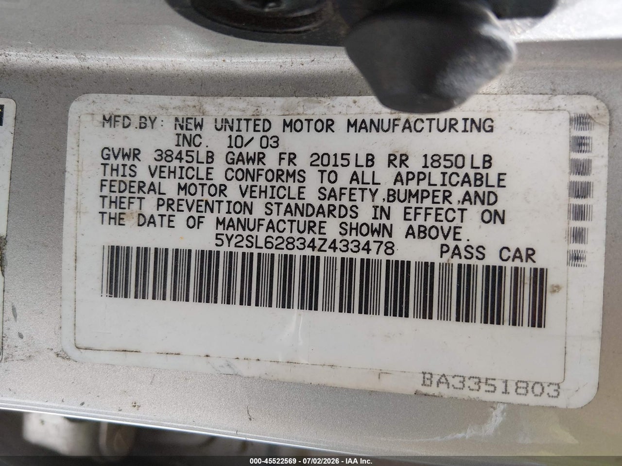 5Y2SL62834Z****** · 2004 PONTIAC VIBE   · 9/11