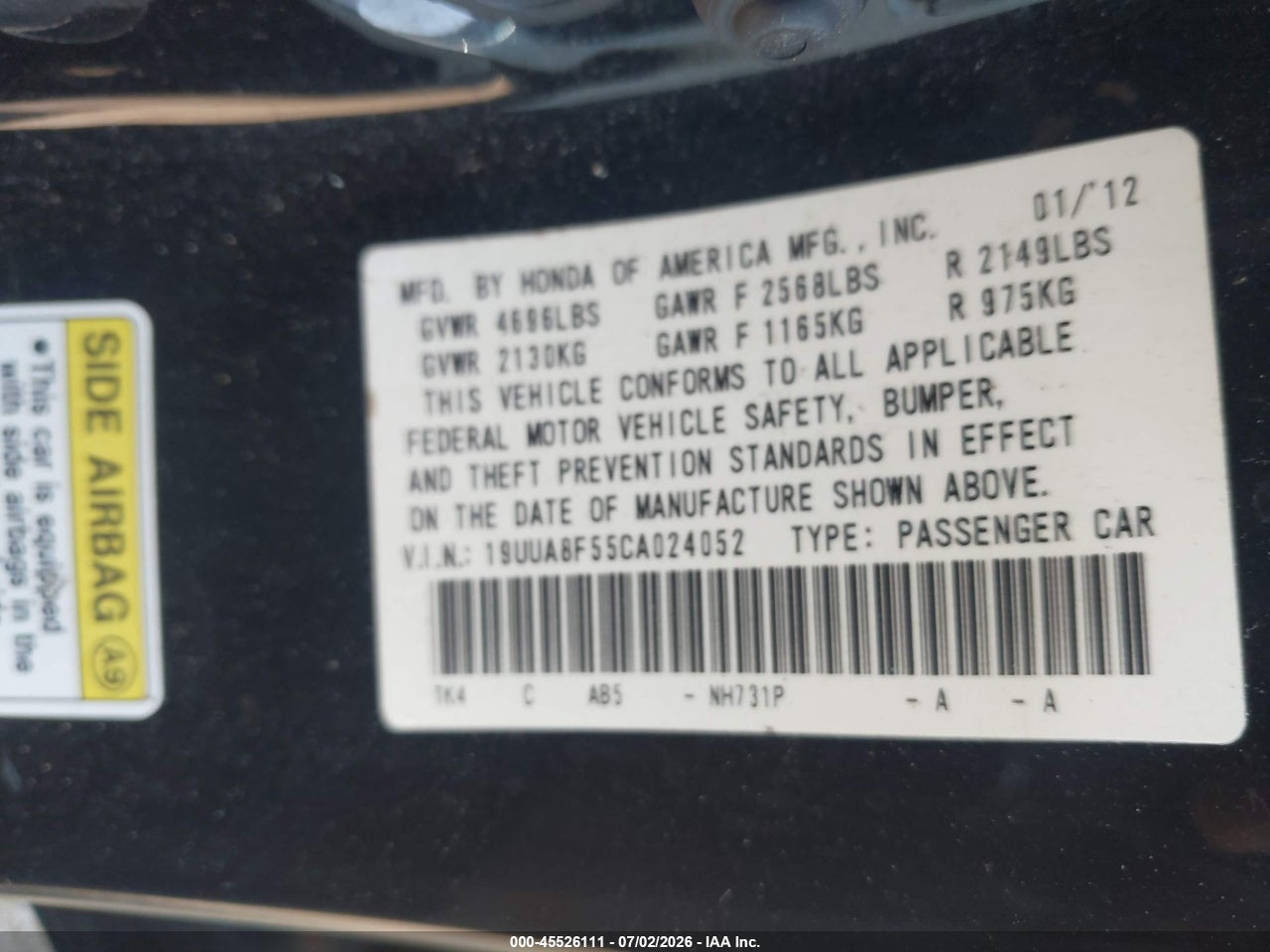 19UUA8F55CA****** · 2012 ACURA TL 3.5 · 9/11