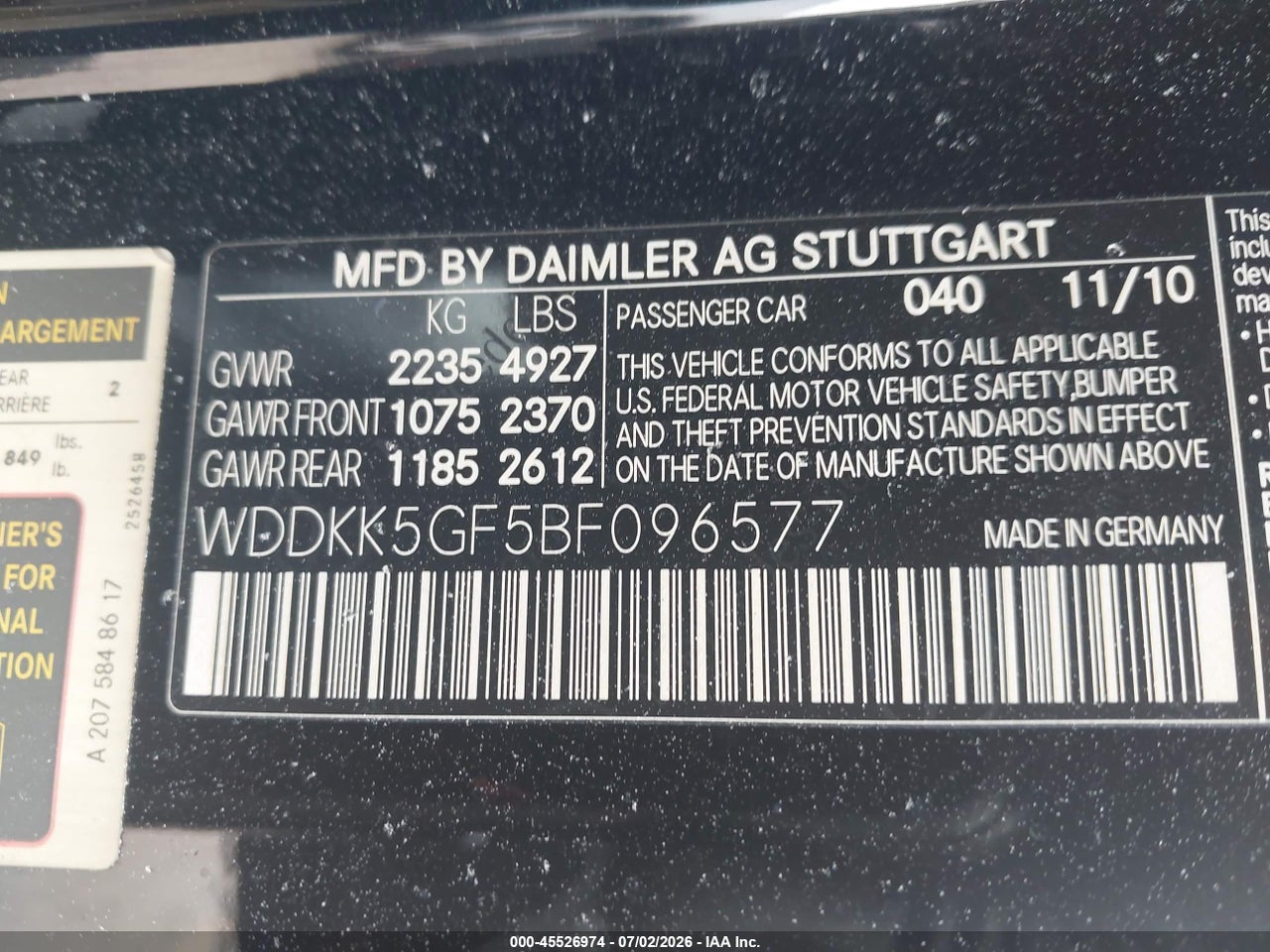 WDDKK5GF5BF****** · 2011 MERCEDES-BENZ E 350   · 9/11