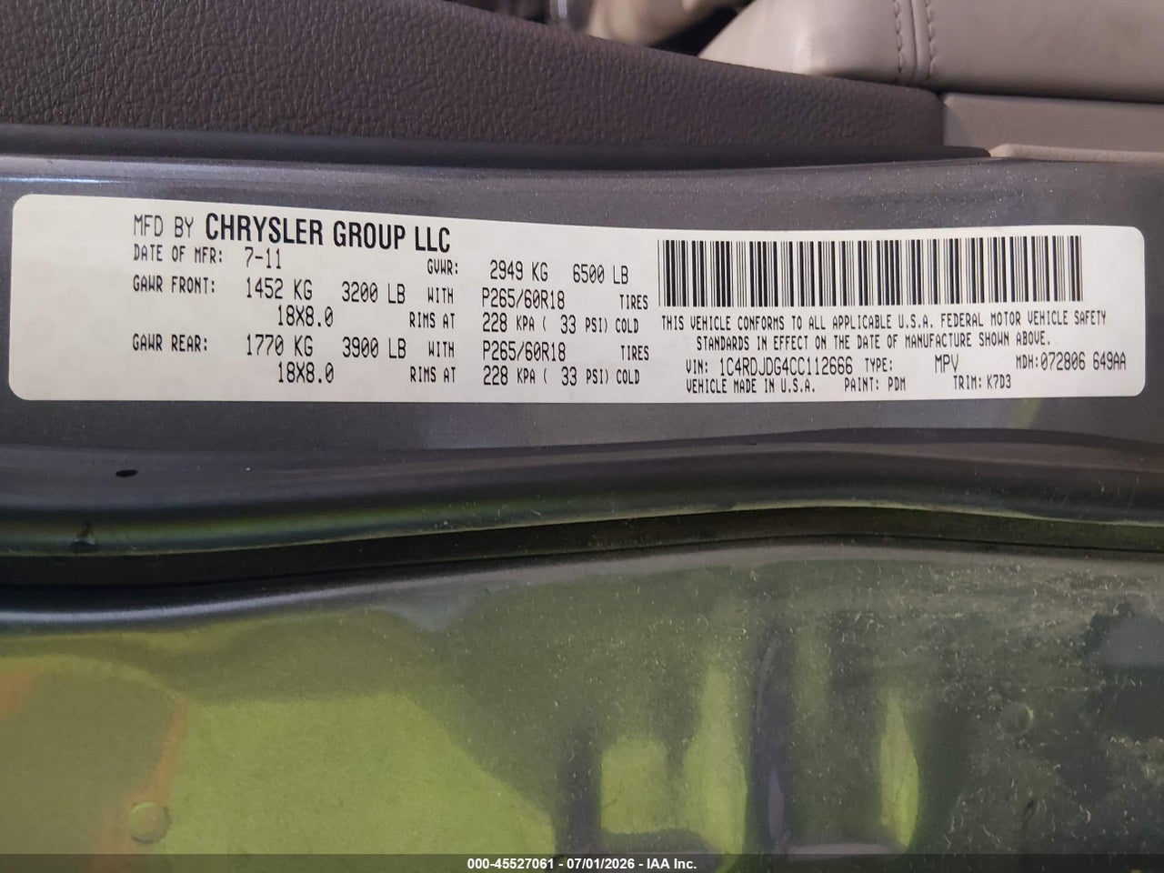 1C4RDJDG4CC****** · 2012 DODGE DURANGO CREW · 9/11