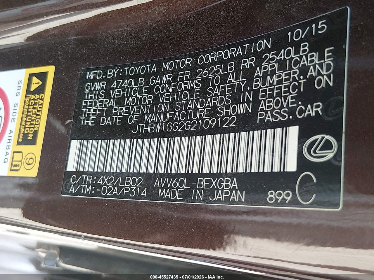 JTHBW1GG2G2****** · 2016 LEXUS ES 300H   · 9/11