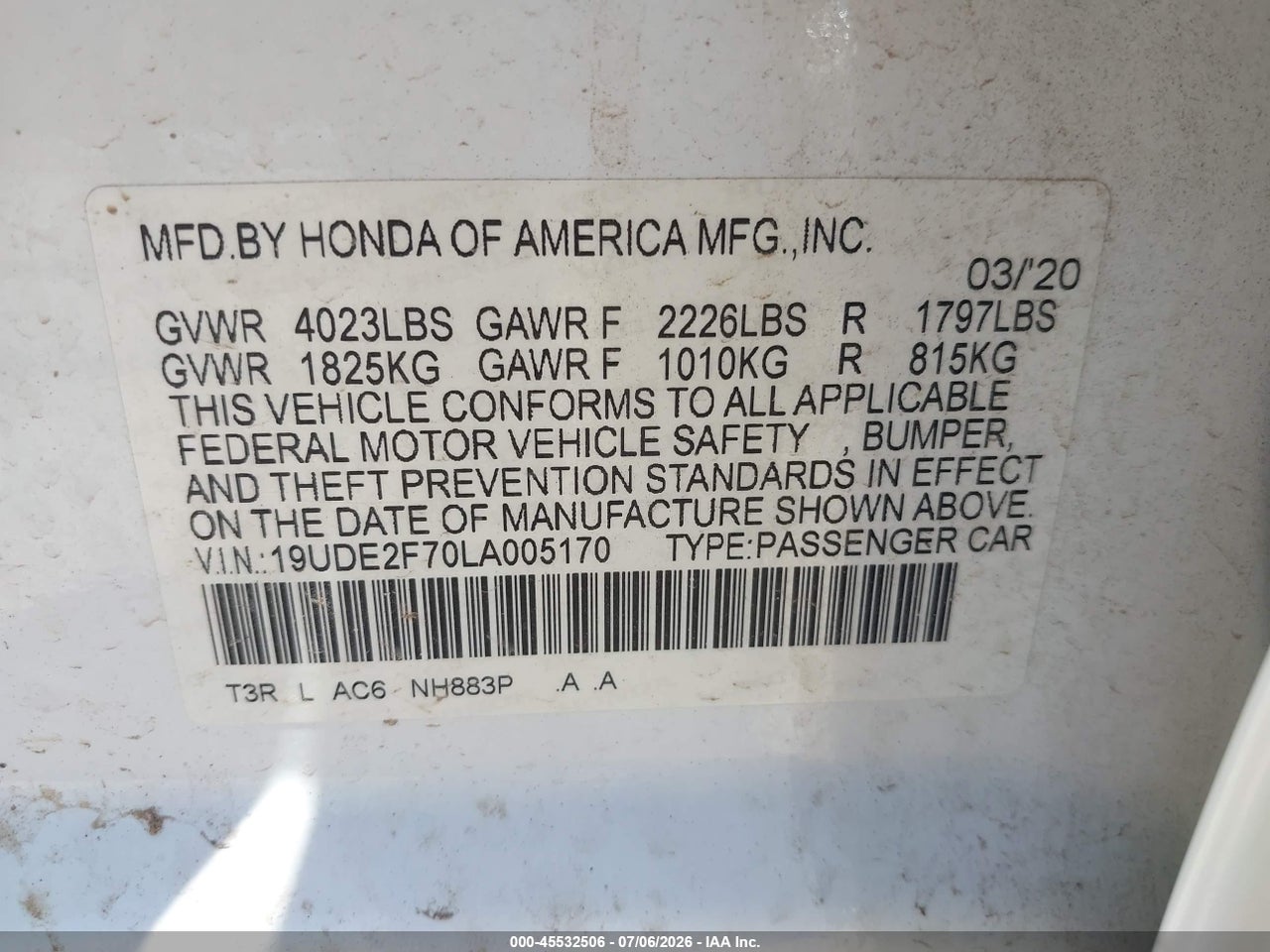 19UDE2F70LA****** · 2020 ACURA ILX   · 9/11