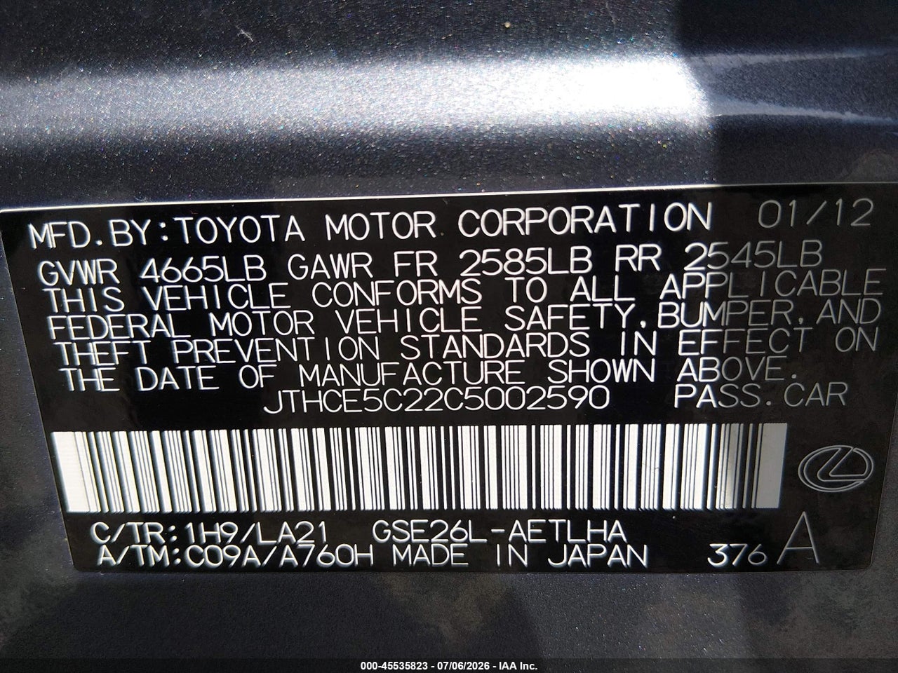 JTHCE5C22C5****** · 2012 LEXUS IS 350   · 9/11