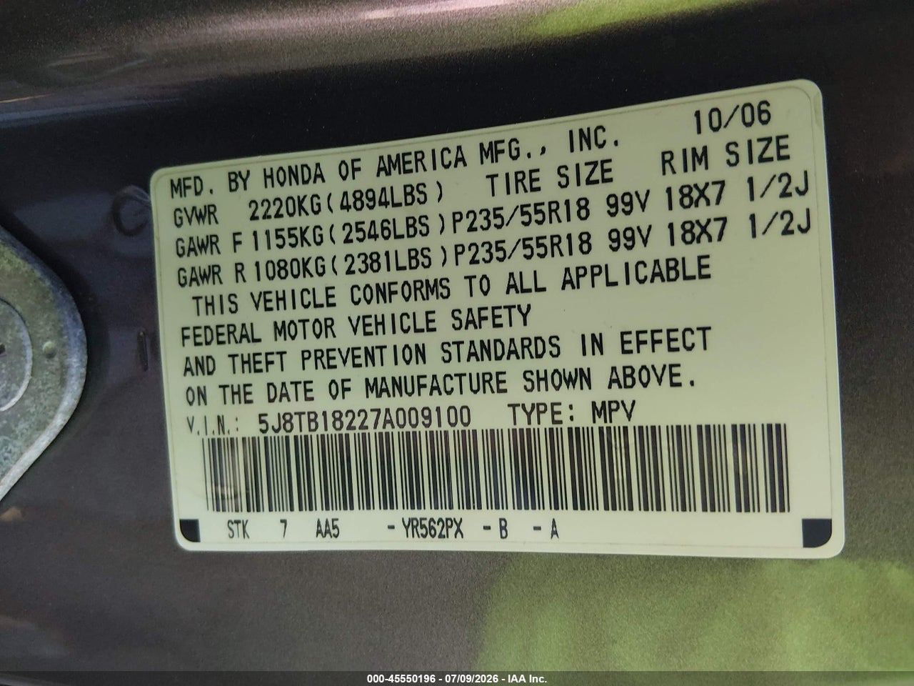 5J8TB18227A****** · 2007 ACURA RDX   · 9/11