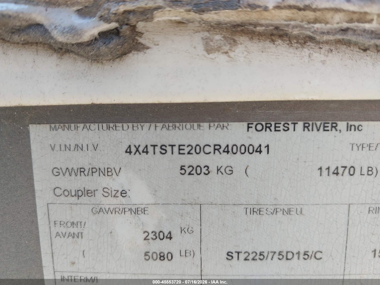 4X4TSTE20CR****** · 2012 FOREST RIVER OTHER · 9/11