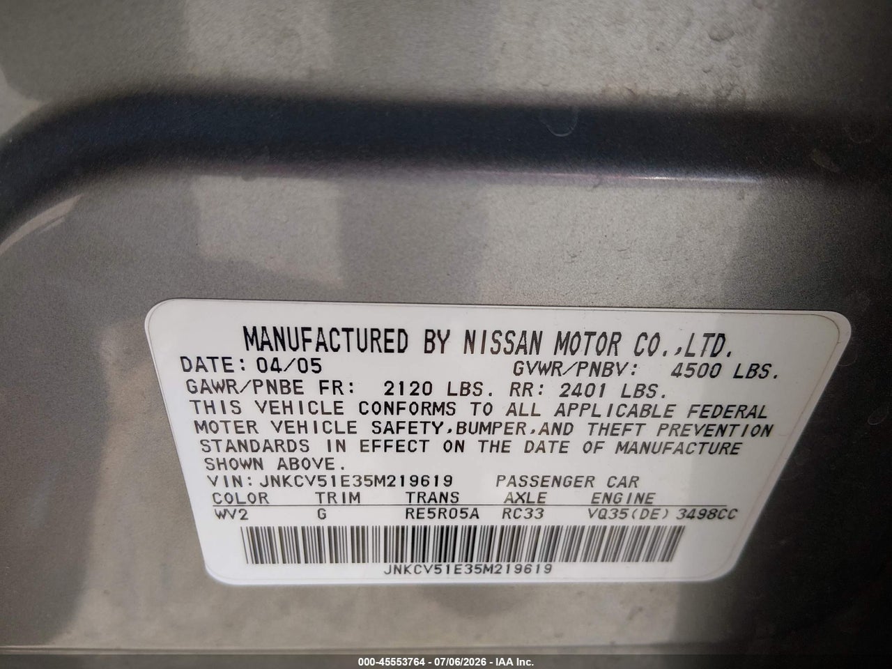 JNKCV51E35M****** · 2005 INFINITI G35   · 9/11