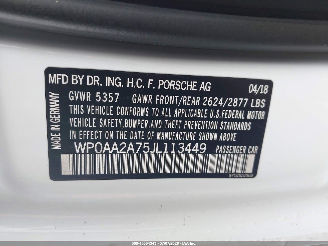 WP0AA2A75JL****** · 2018 PORSCHE PANAMERA 4 · 9/11