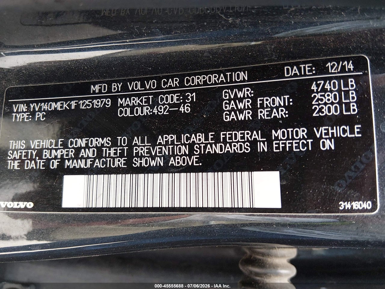 YV140MEK1F1****** · 2015 VOLVO V60 T5 PREMIER · 9/11