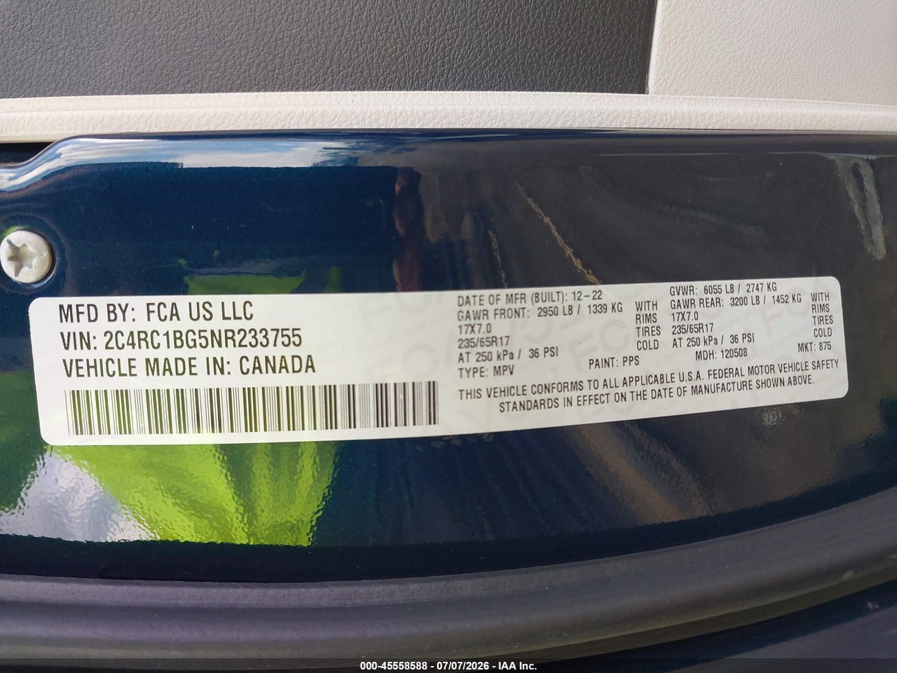 2C4RC1BG5NR****** · 2022 CHRYSLER PACIFICA TOURING L · 9/11