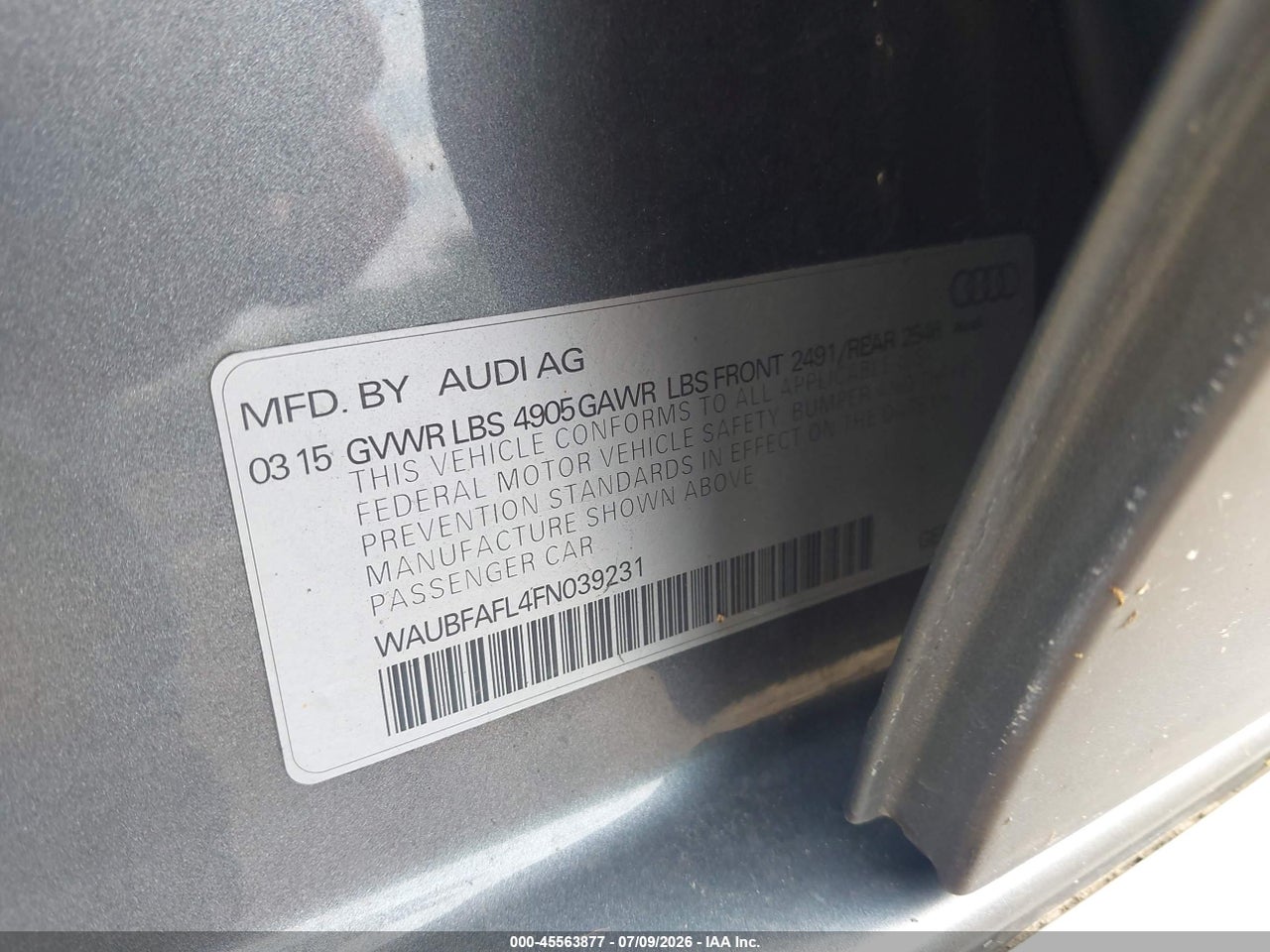 WAUBFAFL4FN****** · 2015 AUDI A4 2.0T PREMIUM · 9/11