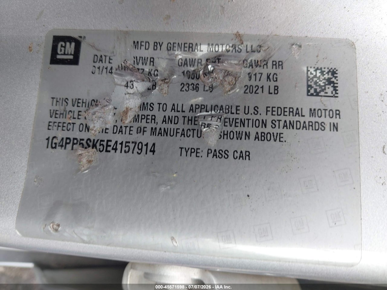 1G4PP5SK5E4****** · 2014 BUICK VERANO   · 9/11