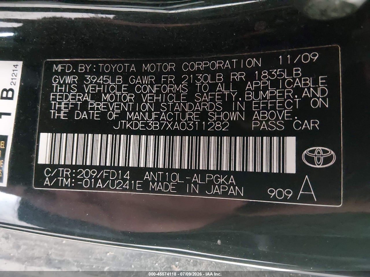 JTKDE3B7XA0****** · 2010 SCION TC   · 9/11