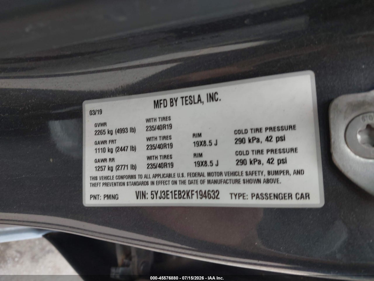 5YJ3E1EB2KF****** · 2019 TESLA MODEL 3 LONG RANGE/PERFORMANCE · 9/11