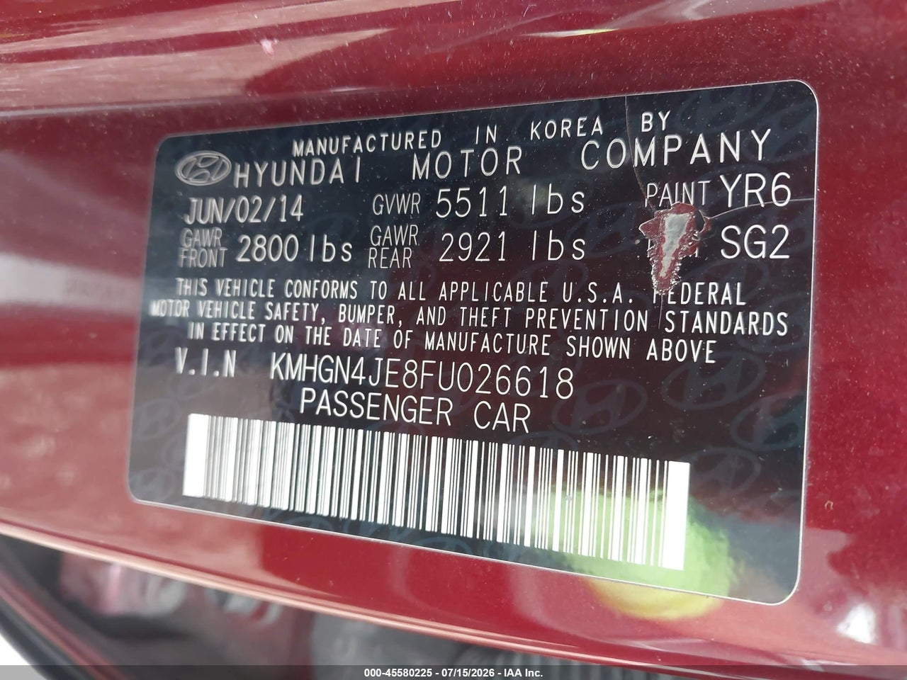 KMHGN4JE8FU****** · 2015 HYUNDAI GENESIS 3.8 · 9/11