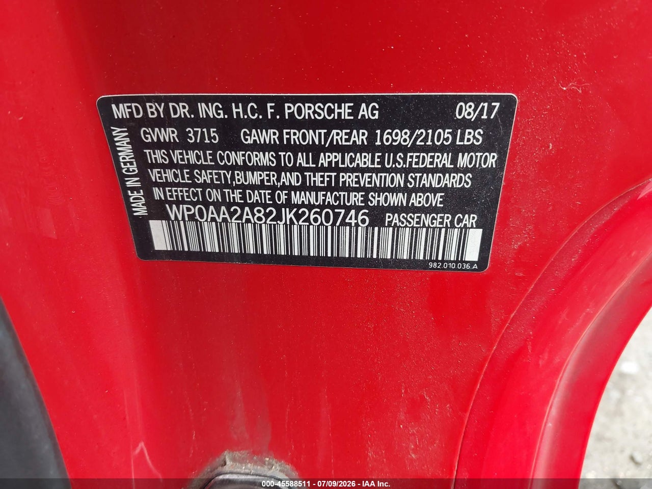 WP0AA2A82JK****** · 2018 PORSCHE 718 CAYMAN   · 9/11