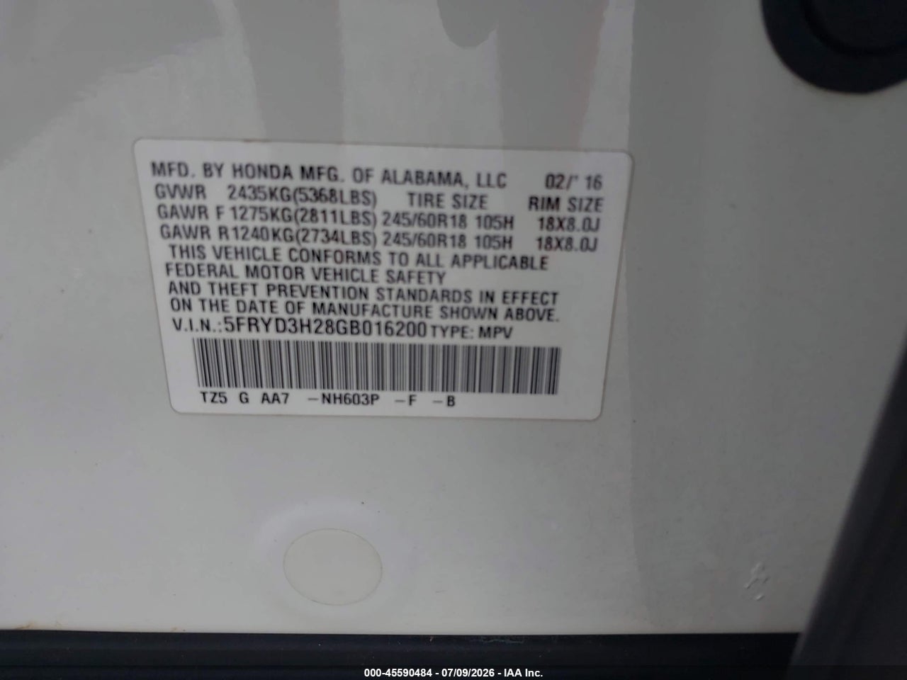5FRYD3H28GB****** · 2016 ACURA MDX ACURAWATCH PLUS PACKAGE · 9/11