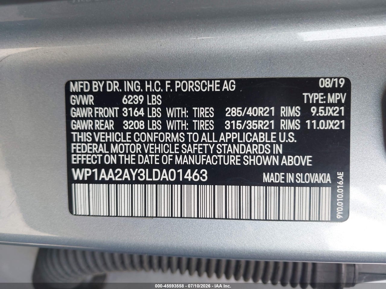 WP1AA2AY3LD****** · 2020 PORSCHE CAYENNE   · 9/11