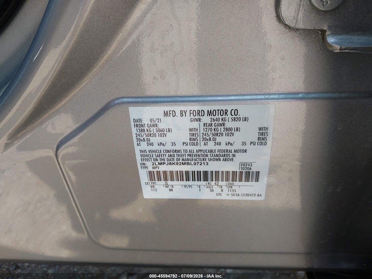 2LMPJ8K92MB****** · 2021 LINCOLN NAUTILUS RESERVE · 9/11