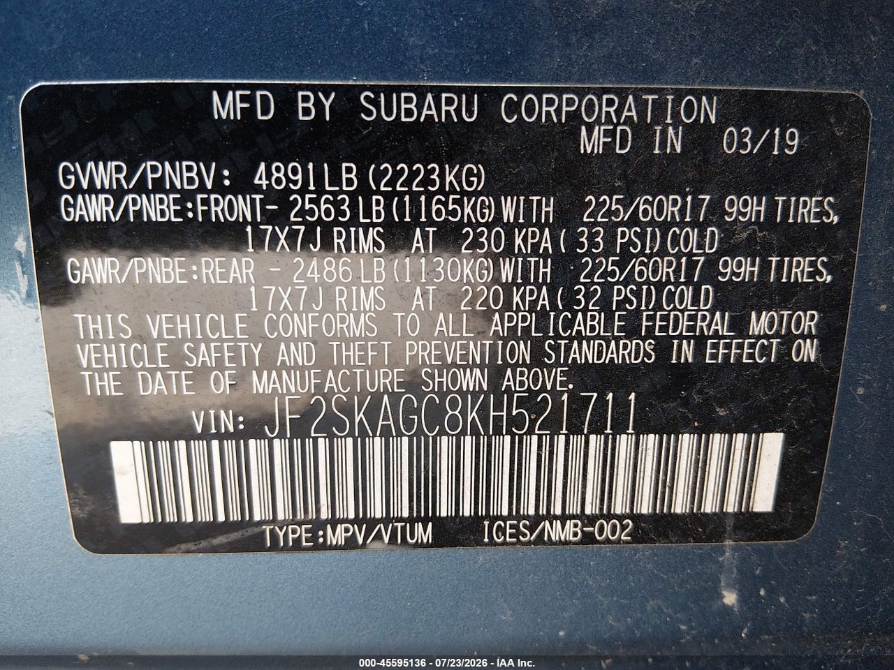 JF2SKAGC8KH****** · 2019 SUBARU FORESTER PREMIUM · 9/11