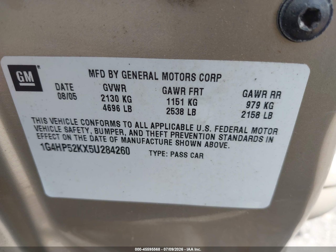 1G4HP52KX5U****** · 2005 BUICK LESABRE CUSTOM · 9/11