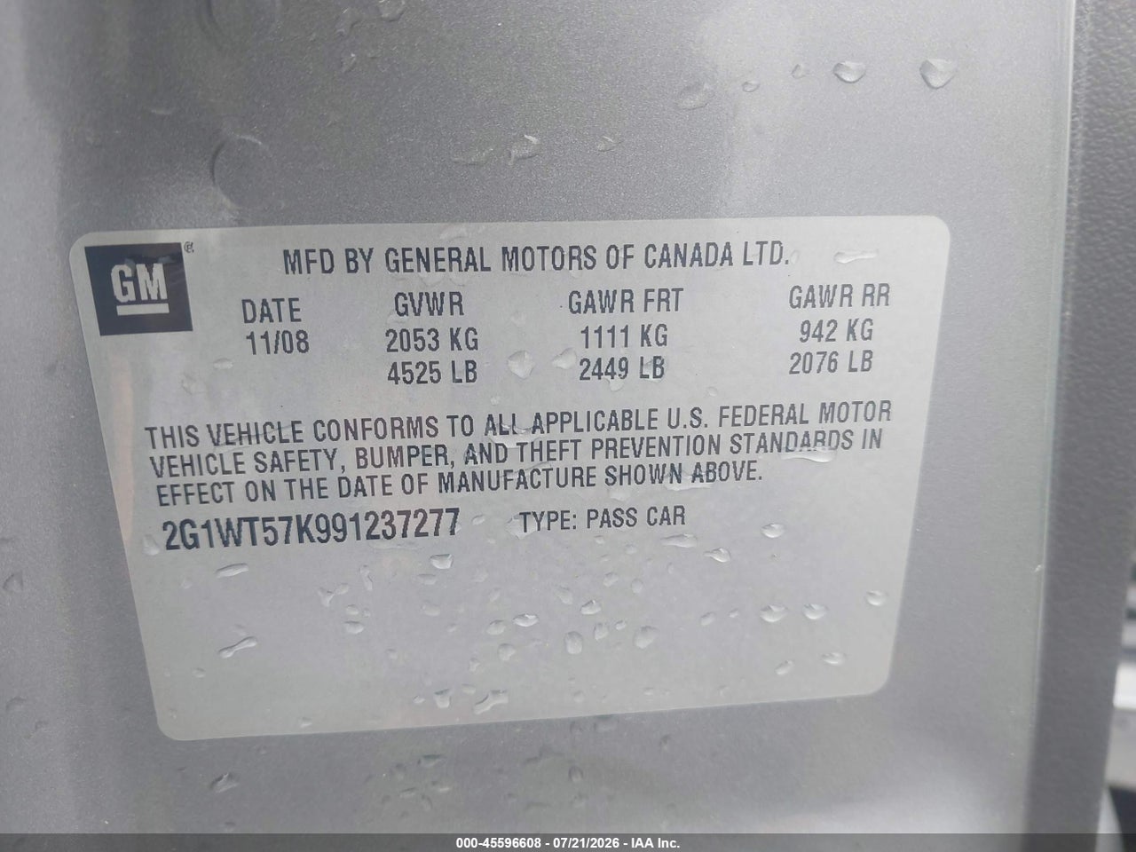 2G1WT57K991****** · 2009 CHEVROLET IMPALA LT · 9/11