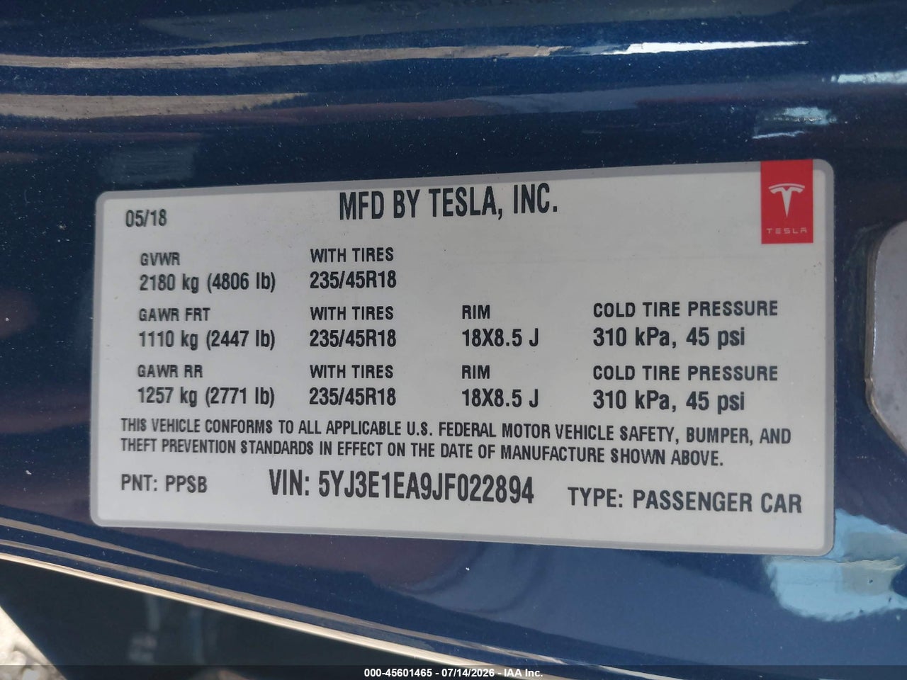 5YJ3E1EA9JF****** · 2018 TESLA MODEL 3 LONG RANGE/MID RANGE · 9/11