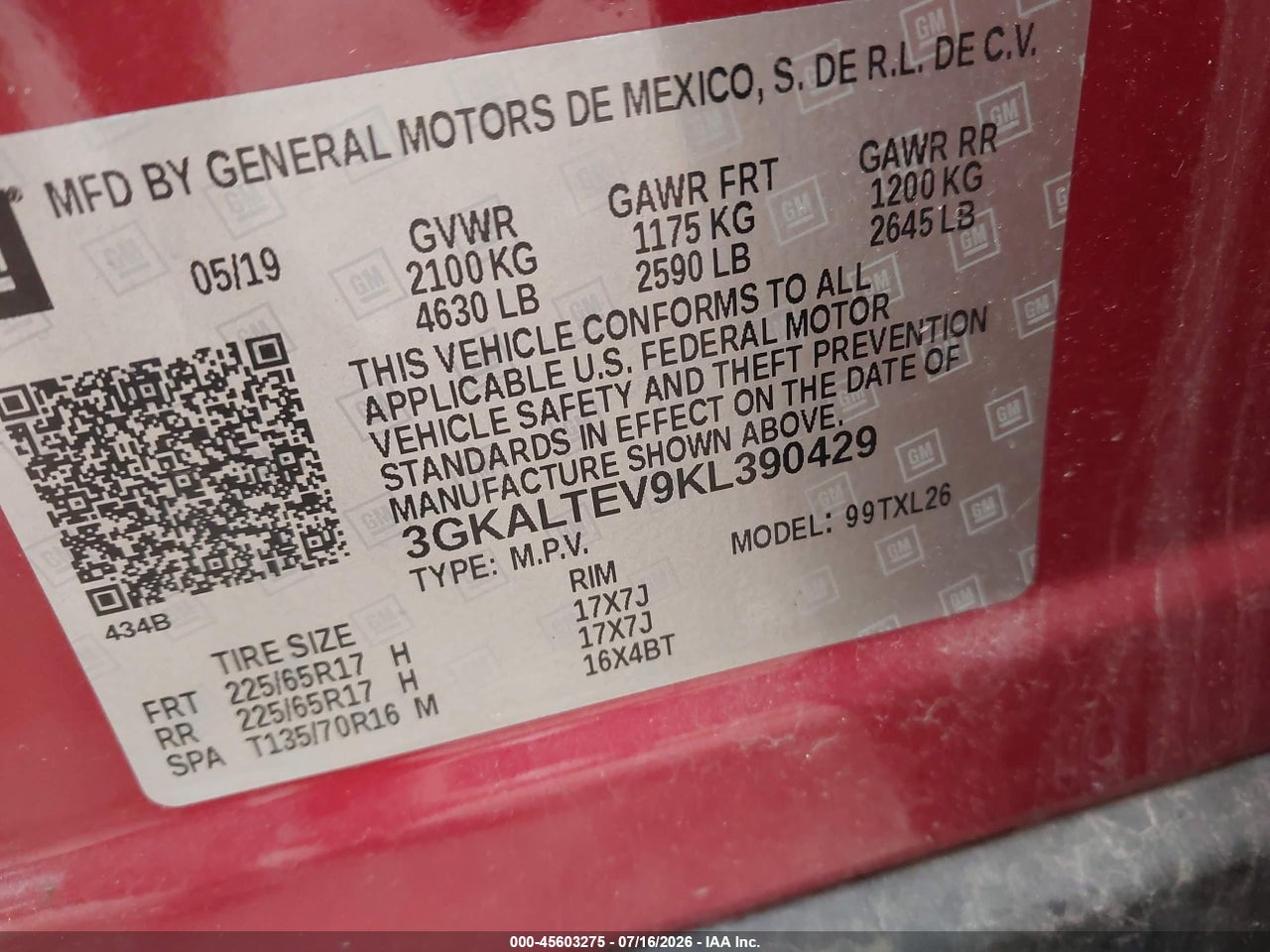 3GKALTEV9KL****** · 2019 GMC TERRAIN SLE · 9/11
